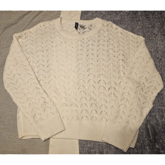 H&M Divided Women Crop Top Off White Lightweight Pullover Crochet Sweater Small - Picture 7 of 12
